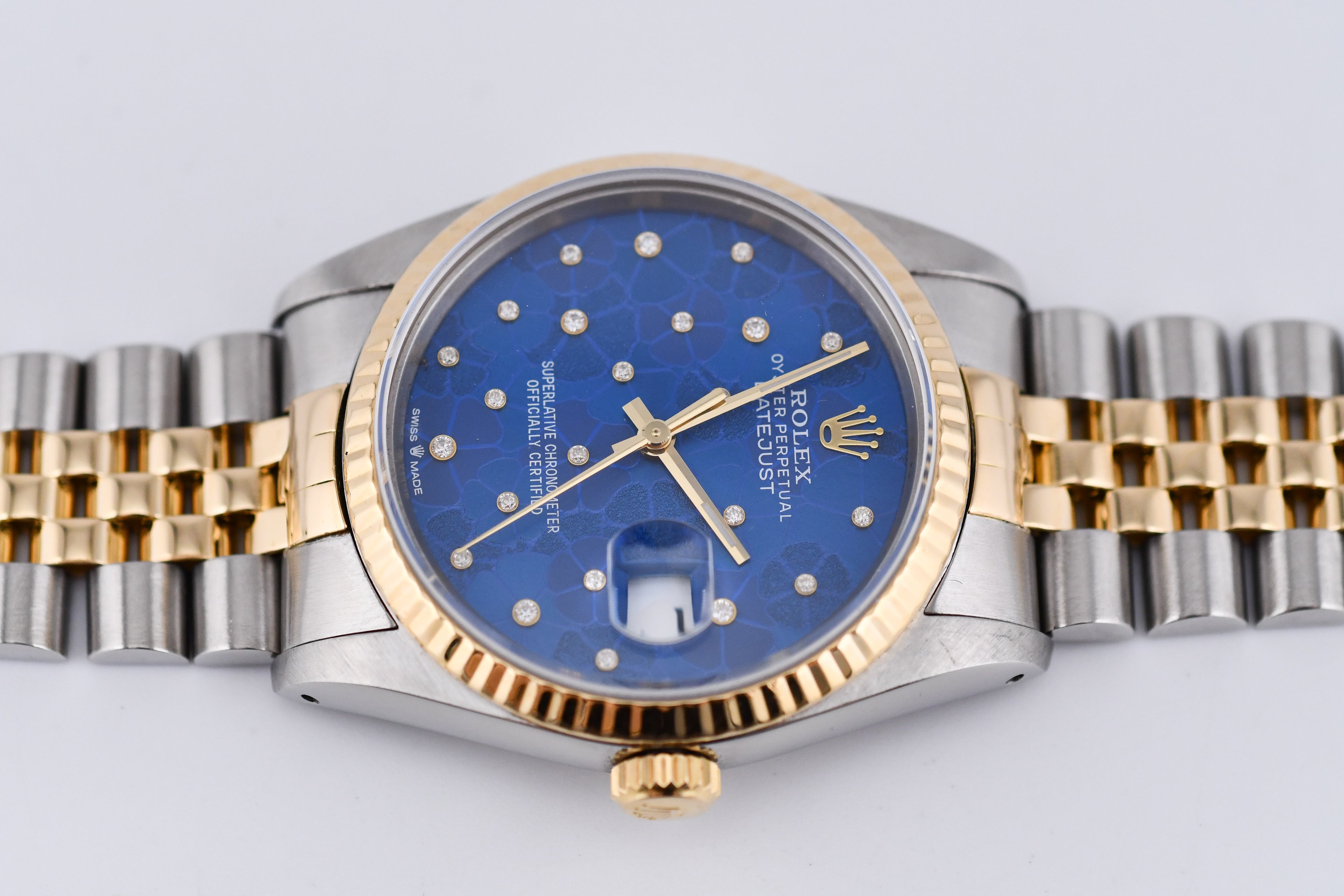 Rolex Datejust 36mm Ref 16233 Yellow Gold Bezel Custom Blue Flower Dial
