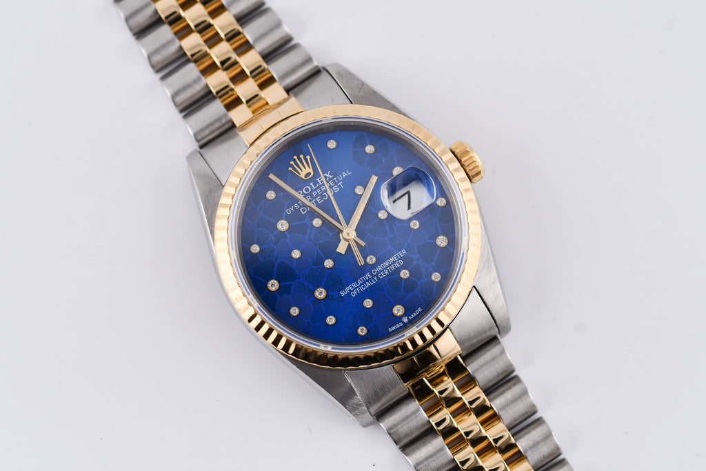 Rolex Datejust 36mm Ref 16233 Yellow Gold Bezel Custom Blue Flower Dial