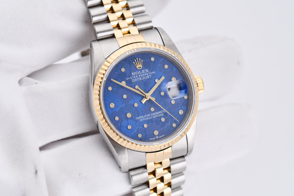 Rolex Datejust 36mm Ref 16233 Yellow Gold Bezel Custom Blue Flower Dial