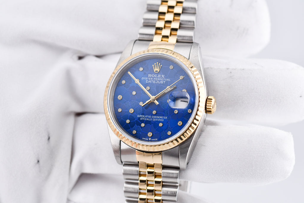 Rolex Datejust 36mm Ref 16233 Yellow Gold Bezel Custom Blue Flower Dial