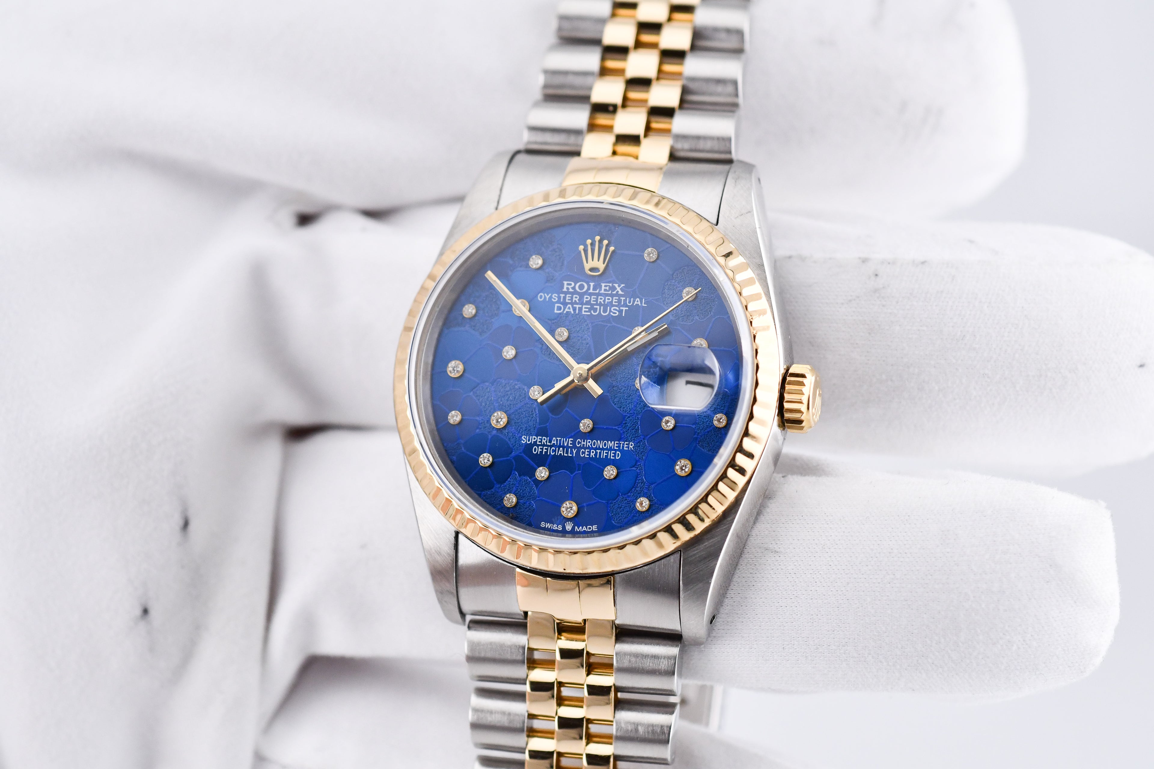 Rolex Datejust 36mm Ref 16233 Yellow Gold Bezel Custom Blue Flower Dial