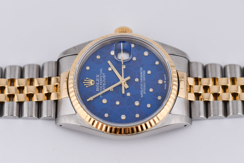 Rolex Datejust 36mm Ref 16233 Yellow Gold Bezel Custom Blue Flower Dial
