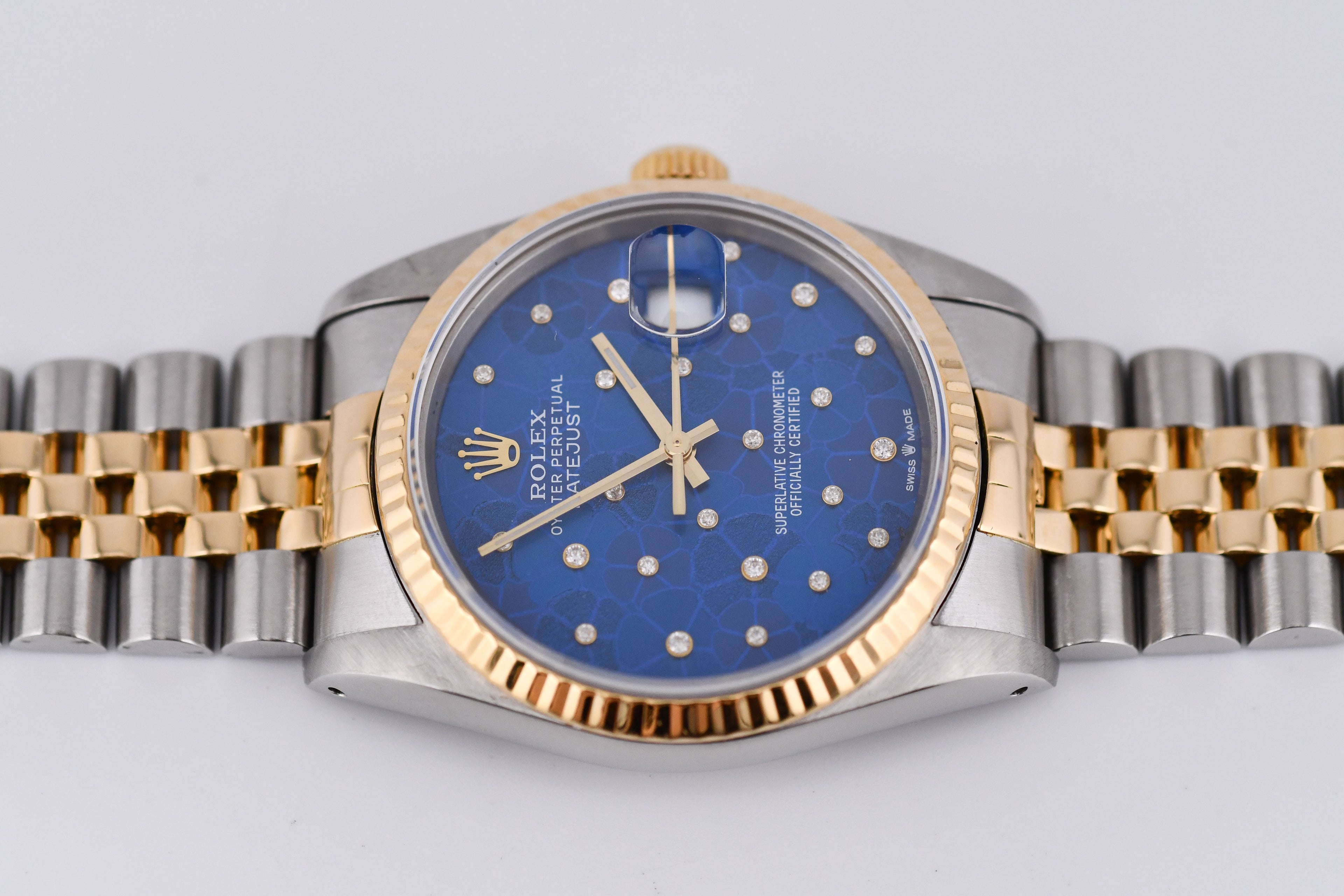 Rolex Datejust 36mm Ref 16233 Yellow Gold Bezel Custom Blue Flower Dial