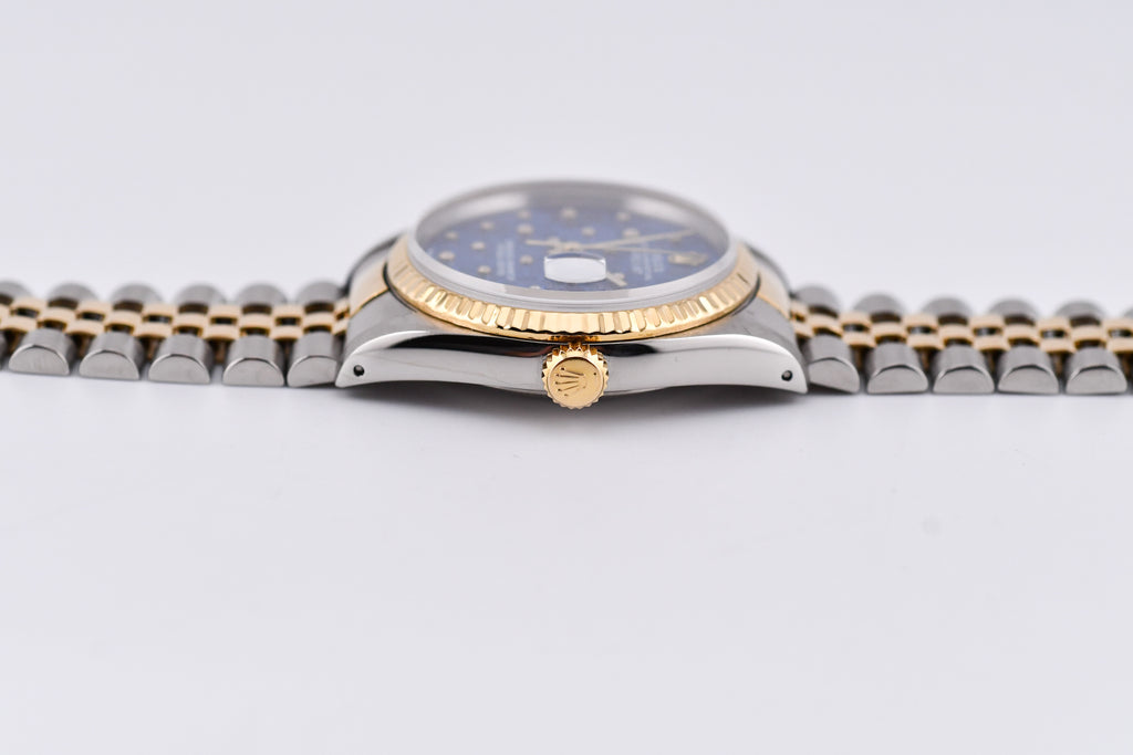 Rolex Datejust 36mm Ref 16233 Yellow Gold Bezel Custom Blue Flower Dial
