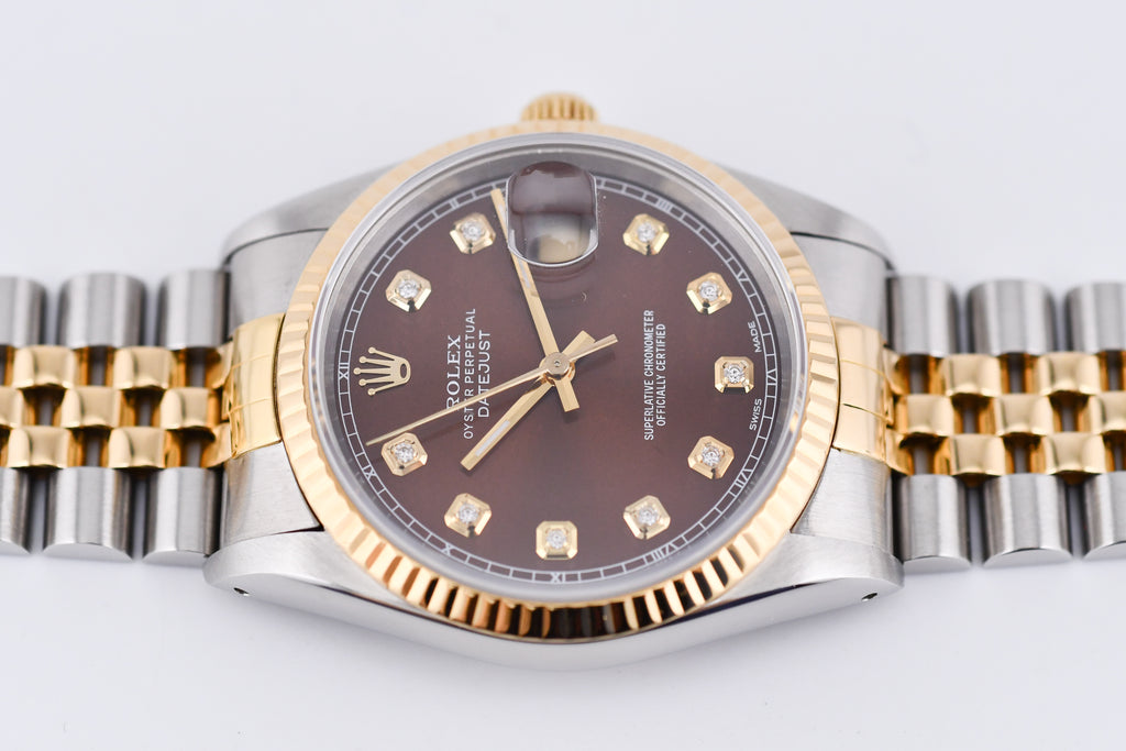 Rolex Datejust 36mm Ref 16233 Yellow Gold Bezel Custom Brown Diamond Dial