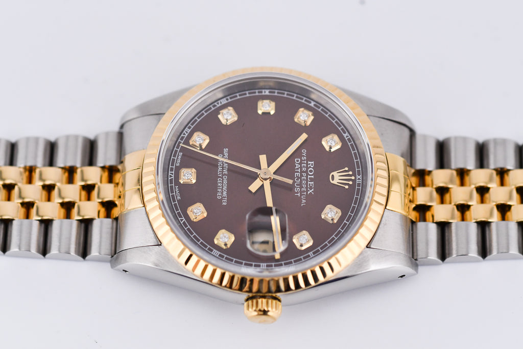 Rolex Datejust 36mm Ref 16233 Yellow Gold Bezel Custom Brown Diamond Dial