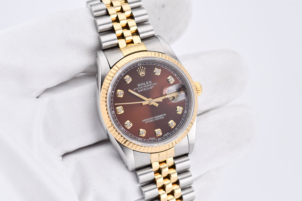 Rolex Datejust 36mm Ref 16233 Yellow Gold Bezel Custom Brown Diamond Dial