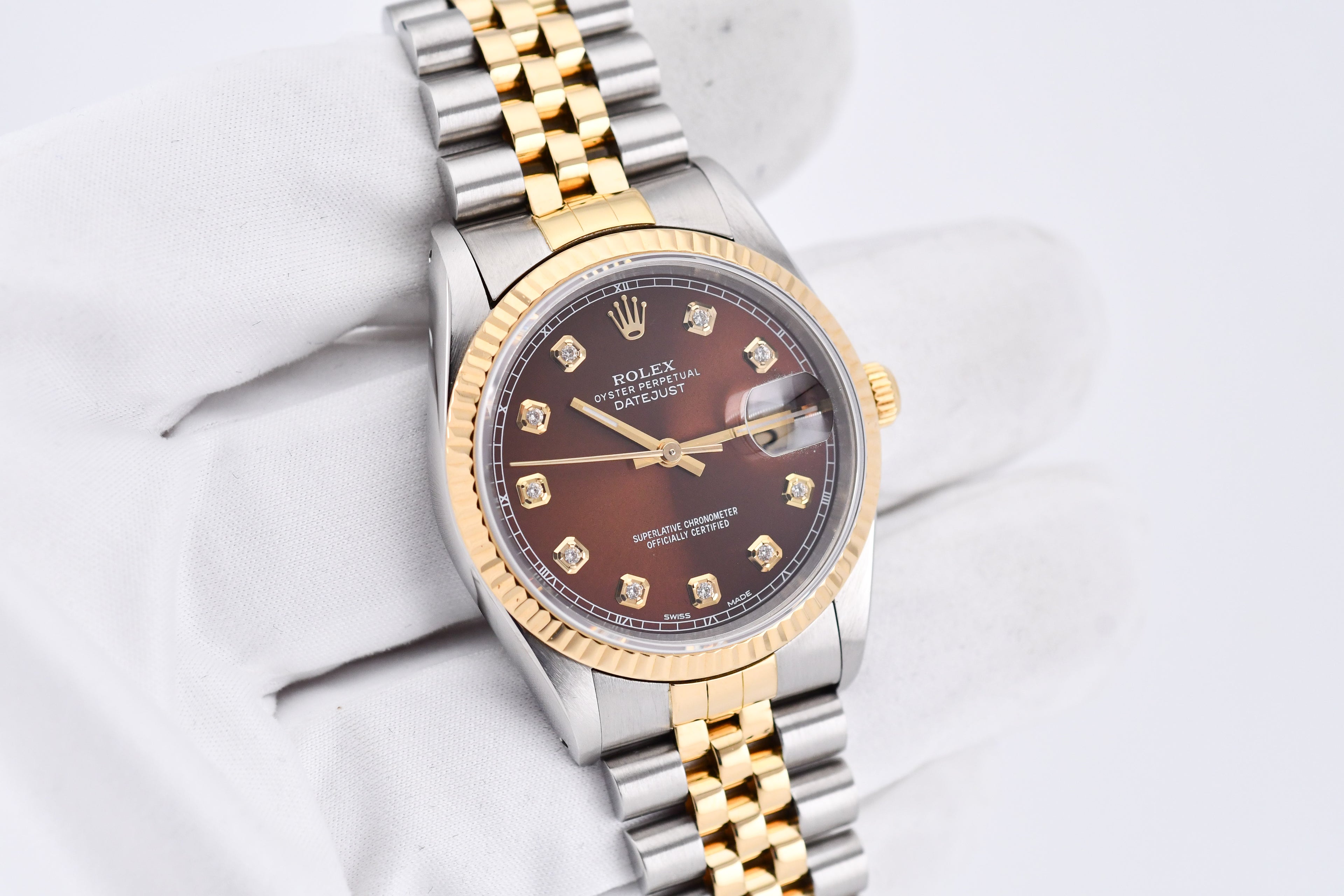 Rolex Datejust 36mm Ref 16233 Yellow Gold Bezel Custom Brown Diamond Dial