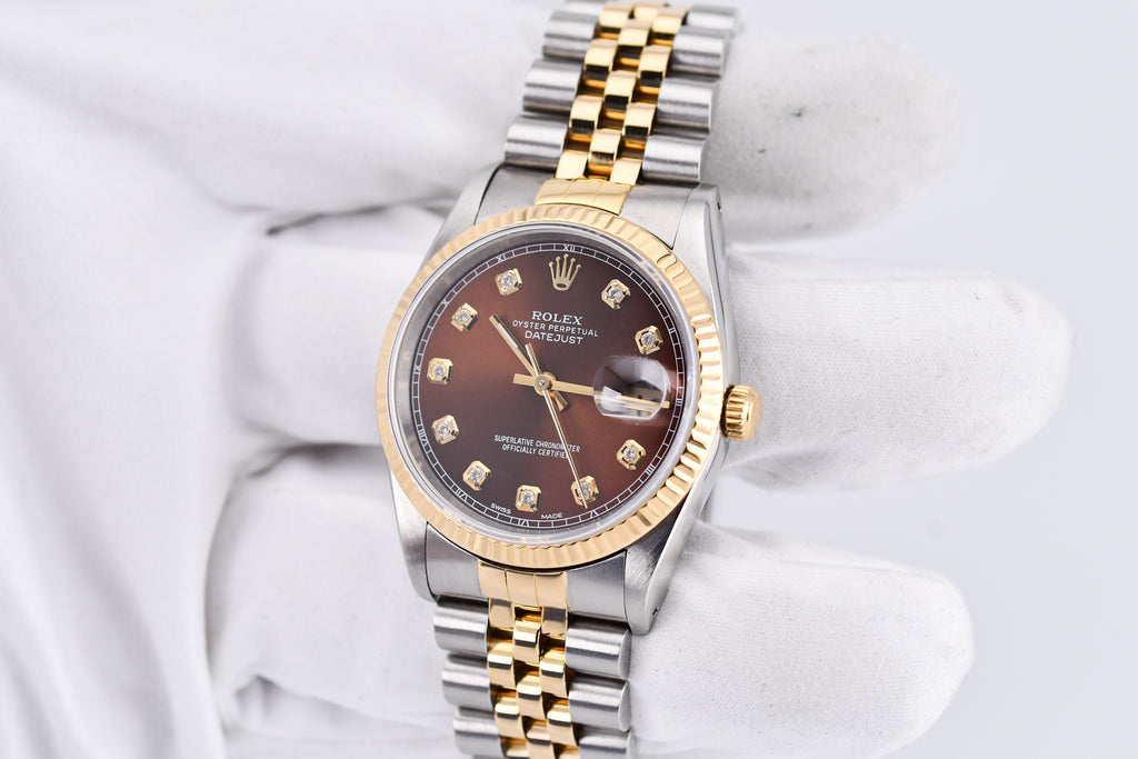 Rolex Datejust 36mm Ref 16233 Yellow Gold Bezel Custom Brown Diamond Dial