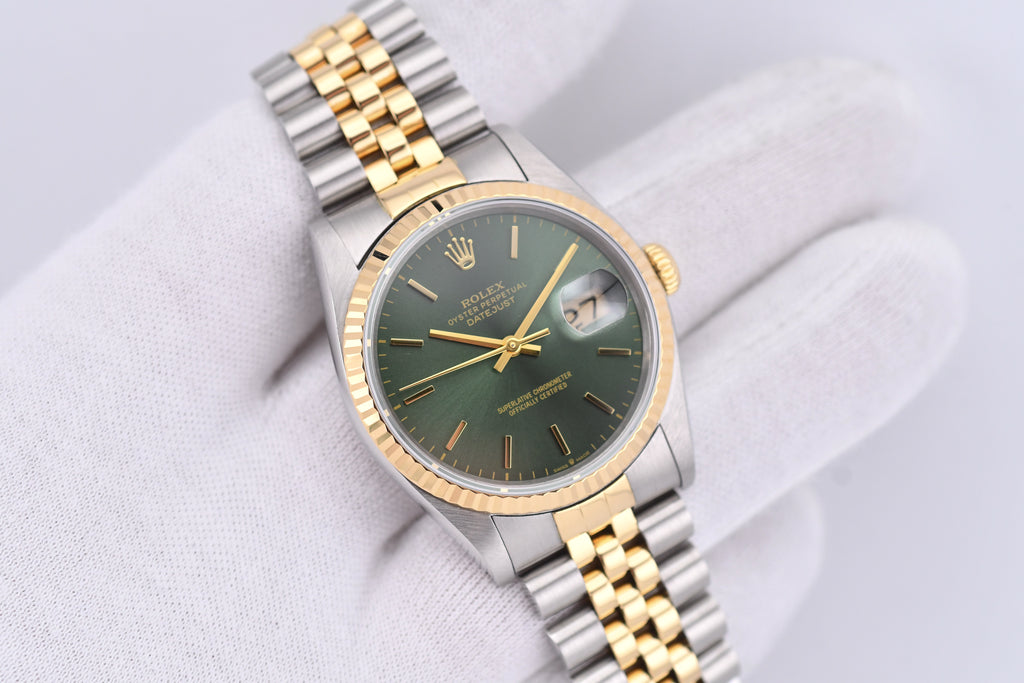 Rolex Datejust 36mm Ref 16233 Yellow Gold Bezel Custom Green Dial