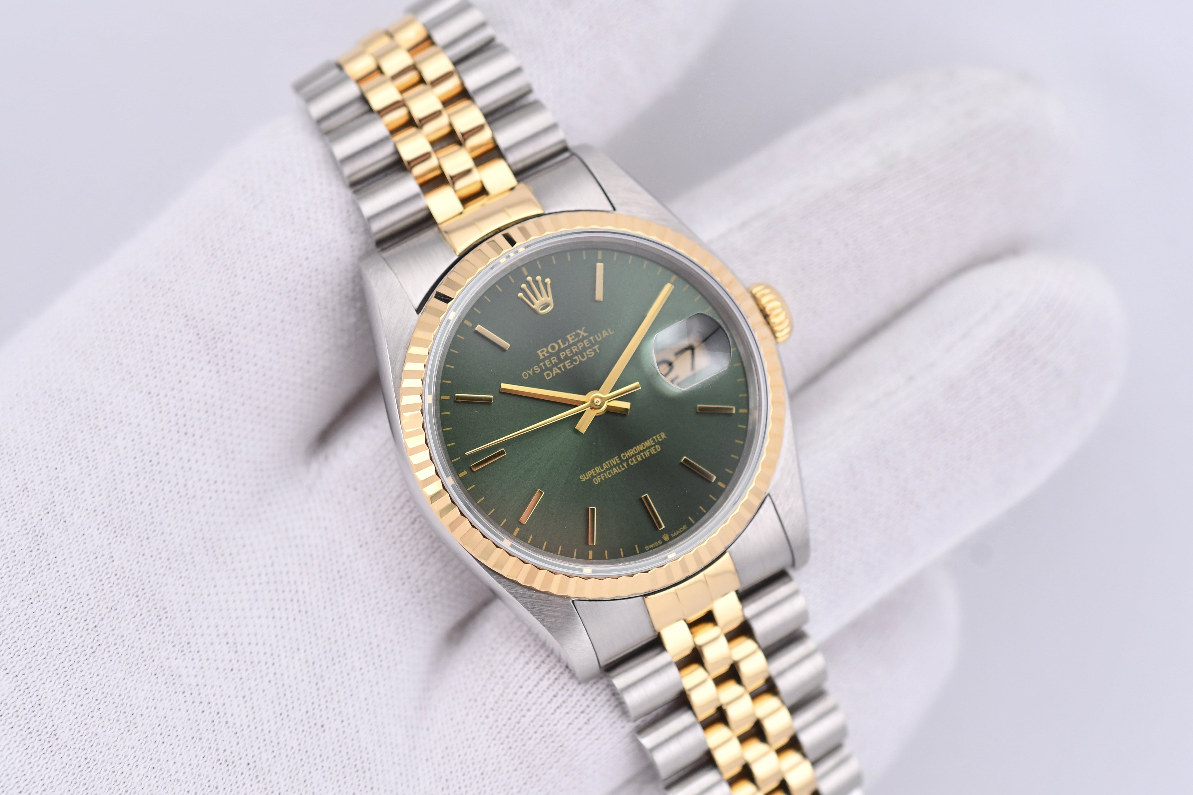 Rolex Datejust 36mm Ref 16233 Yellow Gold Bezel Custom Green Dial