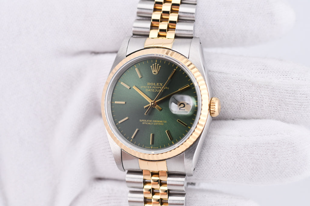 Rolex Datejust 36mm Ref 16233 Yellow Gold Bezel Custom Green Dial