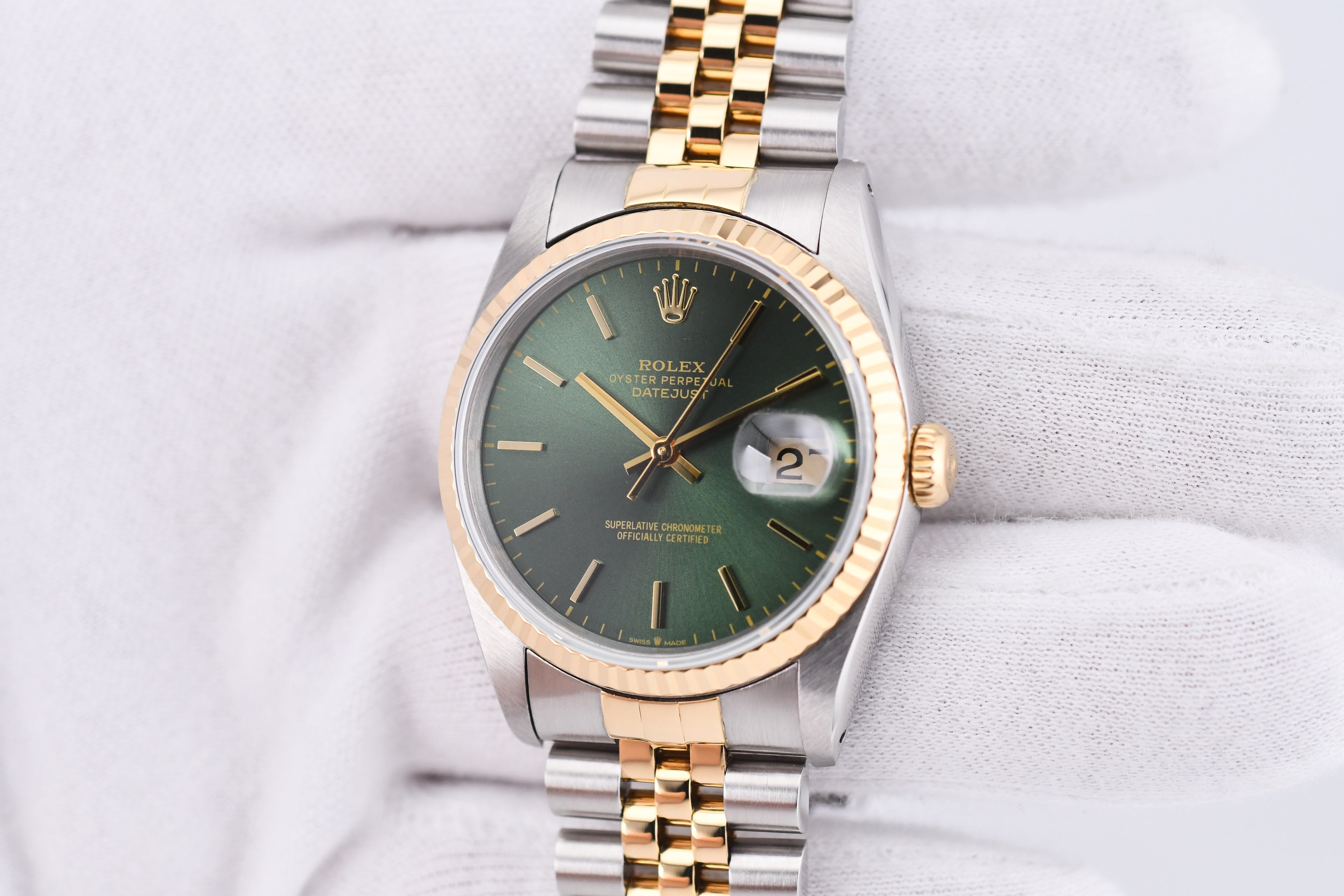 Rolex Datejust 36mm Ref 16233 Yellow Gold Bezel Custom Green Dial