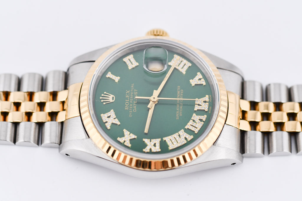 Rolex Datejust 36mm Ref 16233 Yellow Gold Bezel Custom Green Diamond Roman Dial