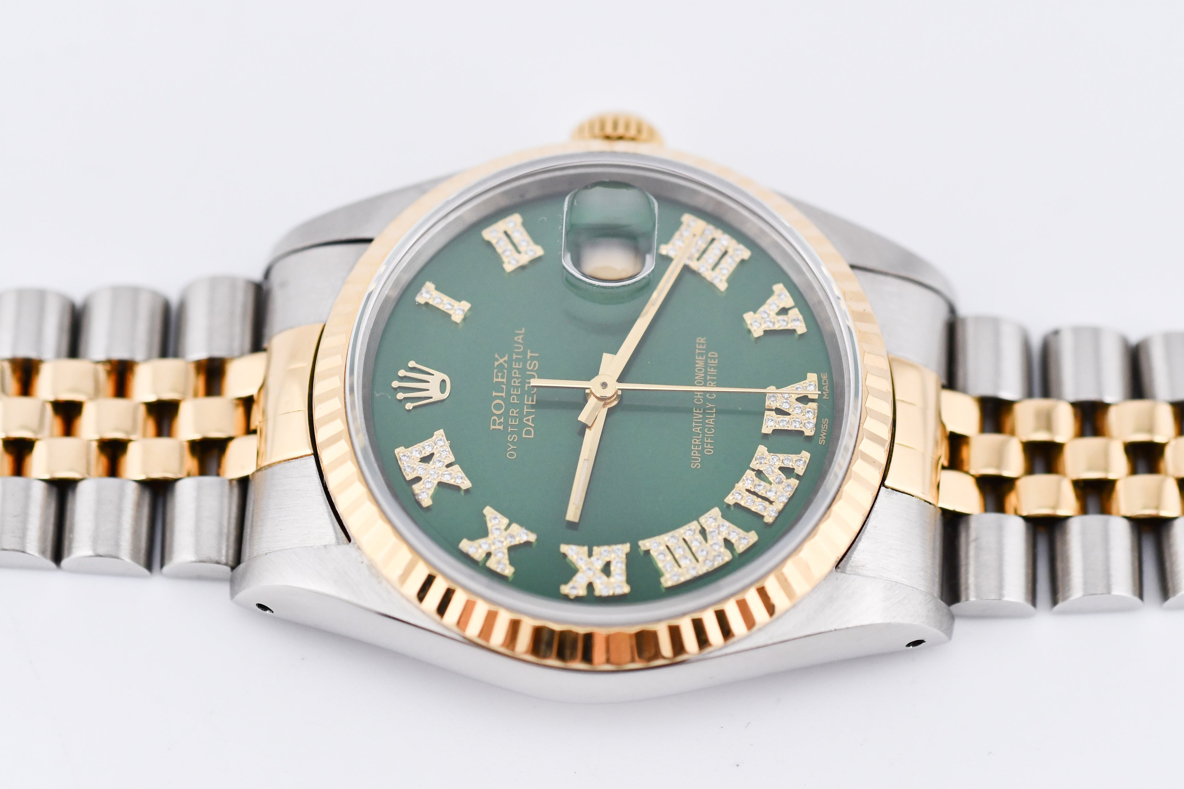 Rolex Datejust 36mm Ref 16233 Yellow Gold Bezel Custom Green Diamond Roman Dial