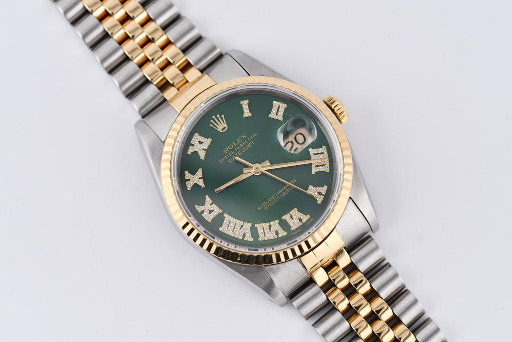 Rolex Datejust 36mm Ref 16233 Yellow Gold Bezel Custom Green Diamond Roman Dial