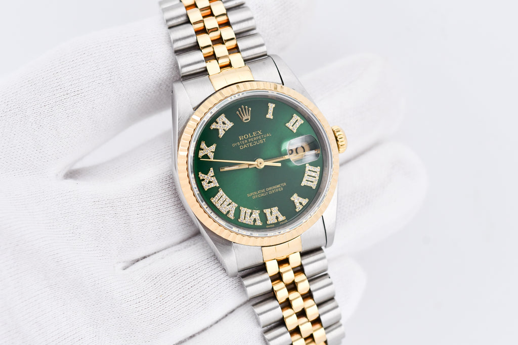 Rolex Datejust 36mm Ref 16233 Yellow Gold Bezel Custom Green Diamond Roman Dial