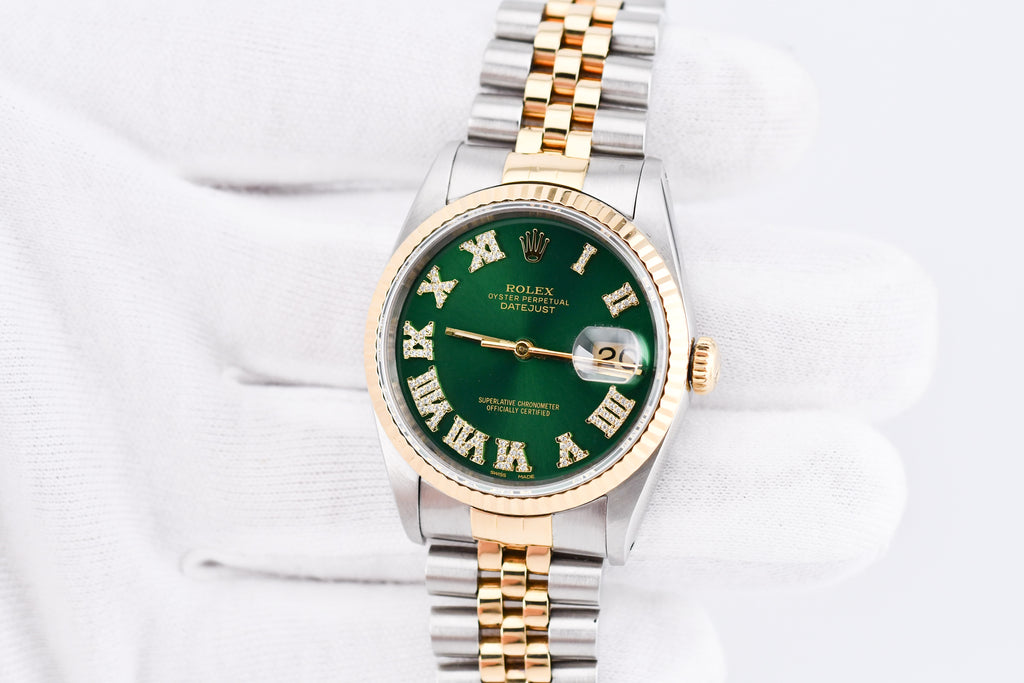 Rolex Datejust 36mm Ref 16233 Yellow Gold Bezel Custom Green Diamond Roman Dial