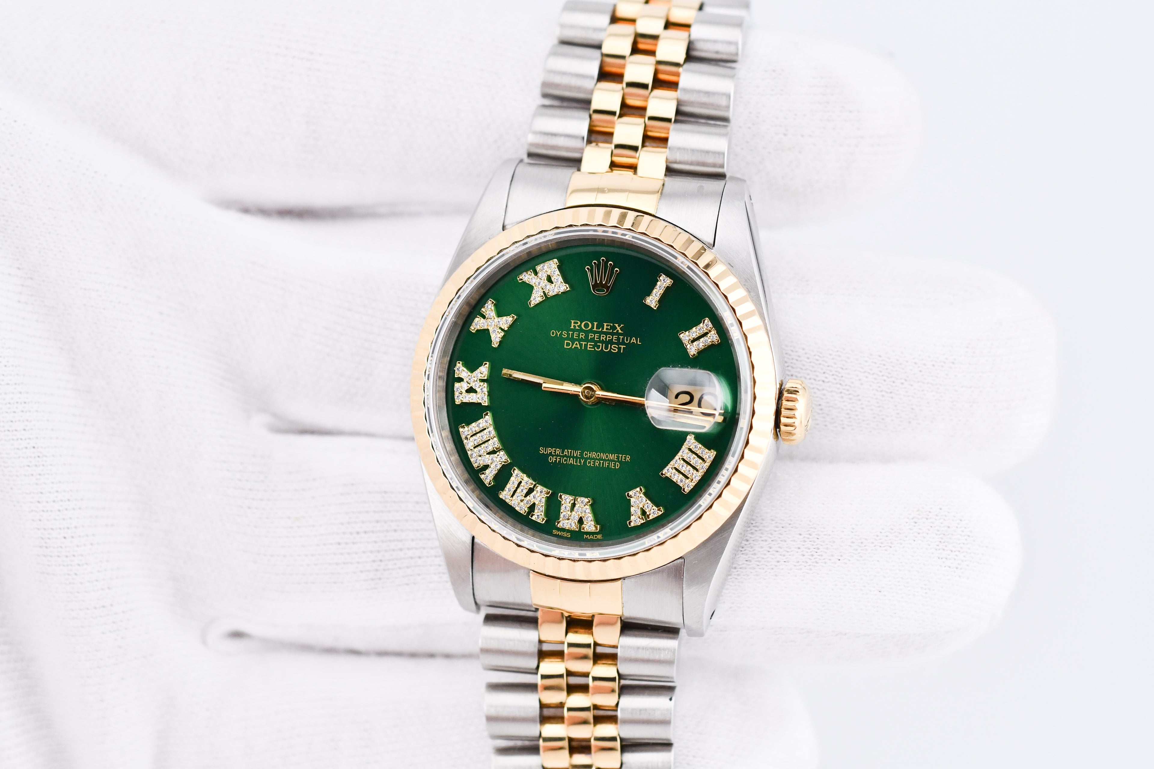 Rolex Datejust 36mm Ref 16233 Yellow Gold Bezel Custom Green Diamond Roman Dial