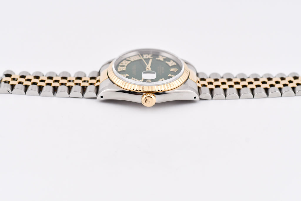 Rolex Datejust 36mm Ref 16233 Yellow Gold Bezel Custom Green Diamond Roman Dial