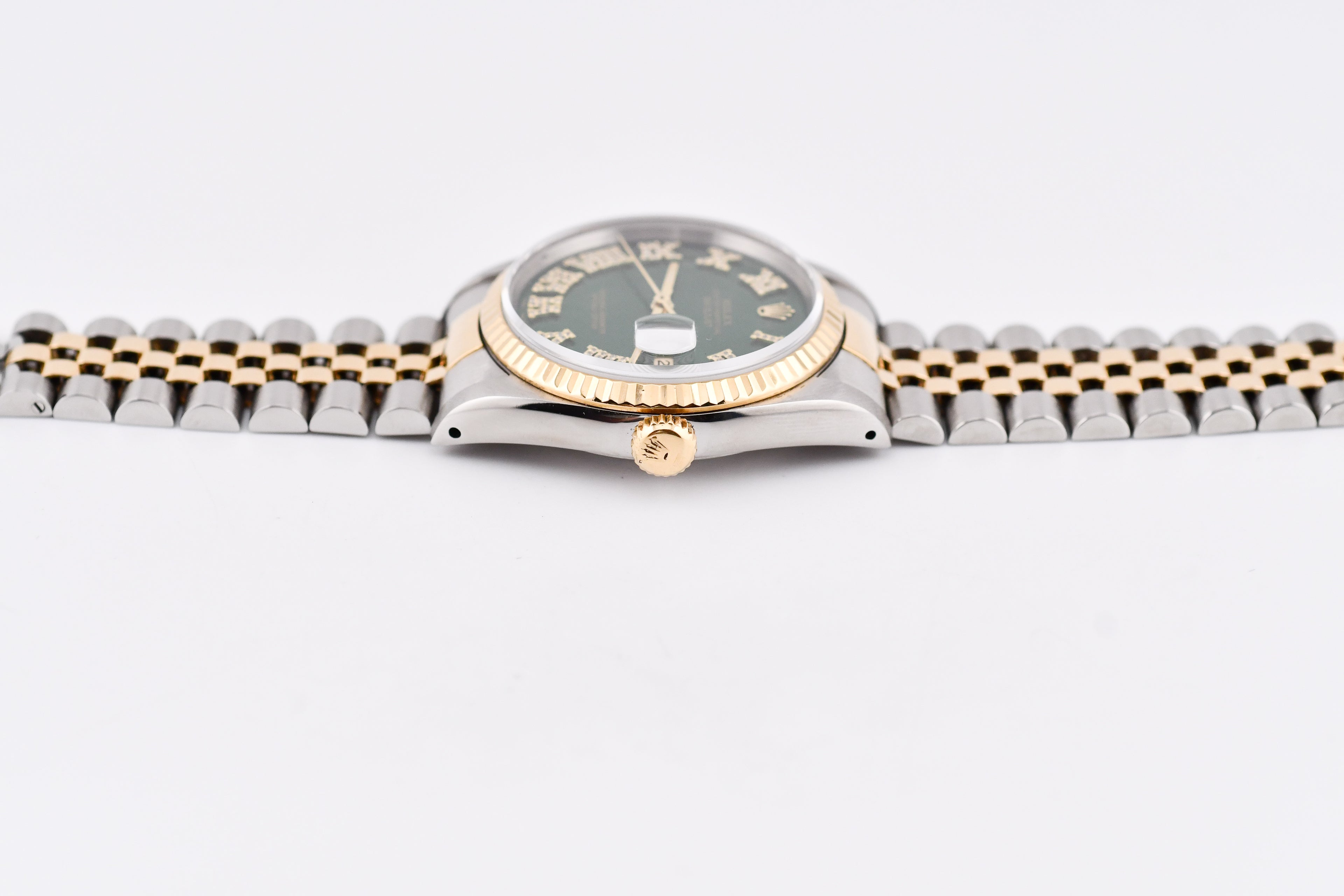 Rolex Datejust 36mm Ref 16233 Yellow Gold Bezel Custom Green Diamond Roman Dial