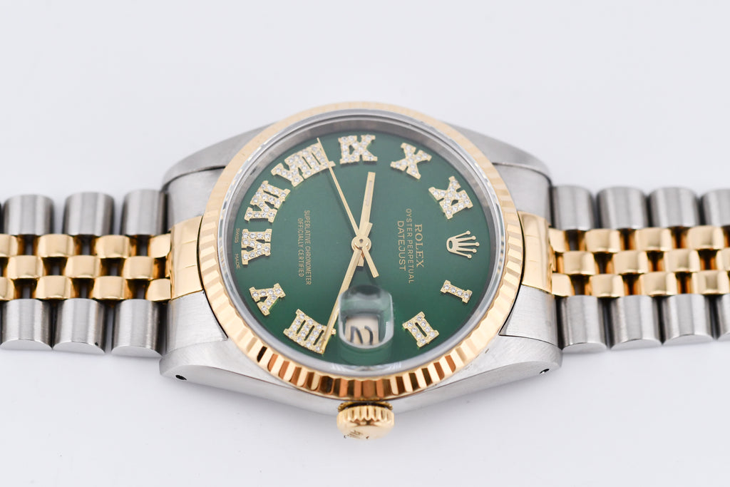 Rolex Datejust 36mm Ref 16233 Yellow Gold Bezel Custom Green Diamond Roman Dial