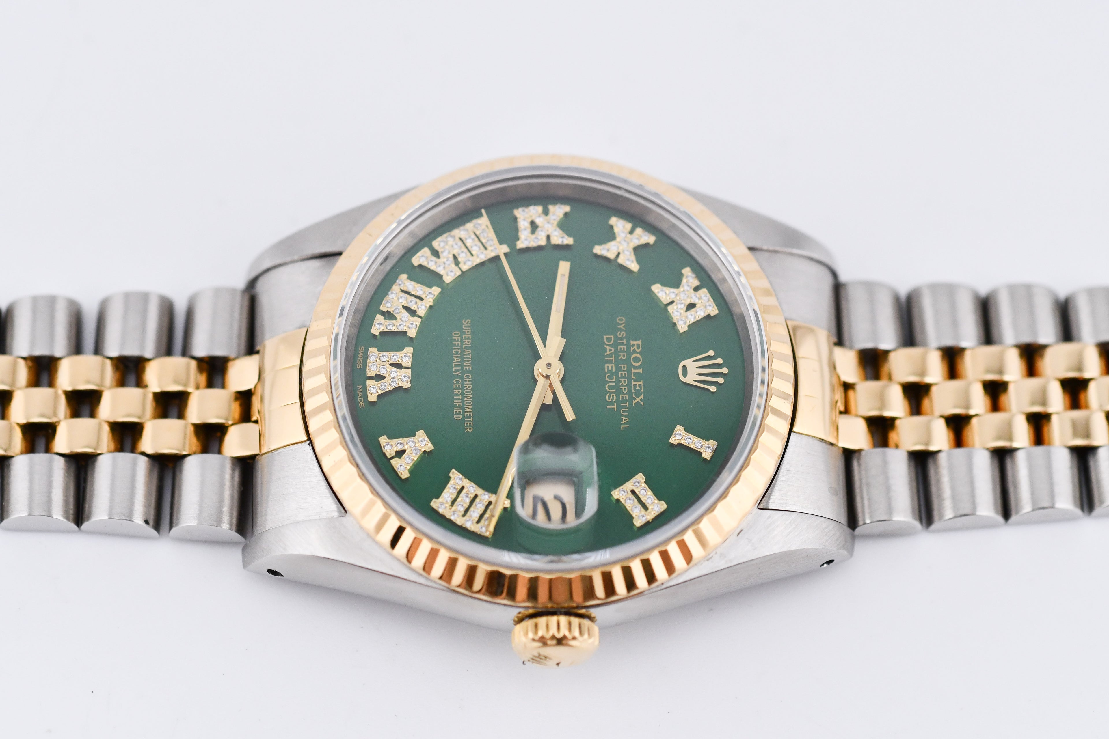 Rolex Datejust 36mm Ref 16233 Yellow Gold Bezel Custom Green Diamond Roman Dial