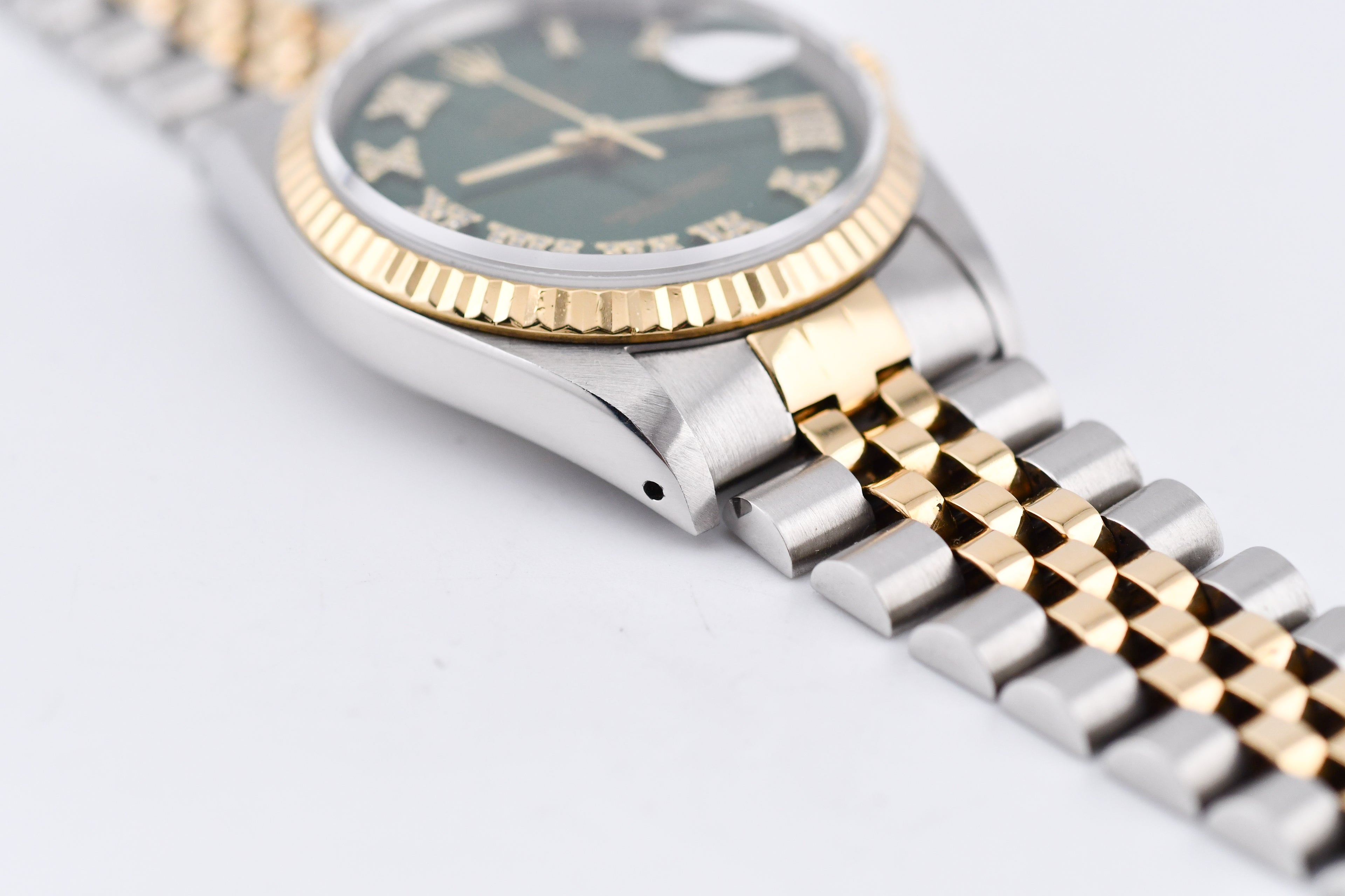 Rolex Datejust 36mm Ref 16233 Yellow Gold Bezel Custom Green Diamond Roman Dial