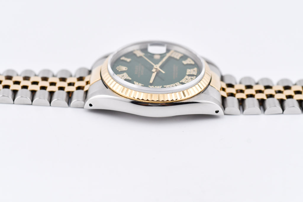 Rolex Datejust 36mm Ref 16233 Yellow Gold Bezel Custom Green Diamond Roman Dial