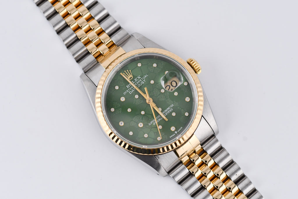 Rolex Datejust 36mm Ref 16233 Yellow Gold Bezel Custom Green Flower Dial