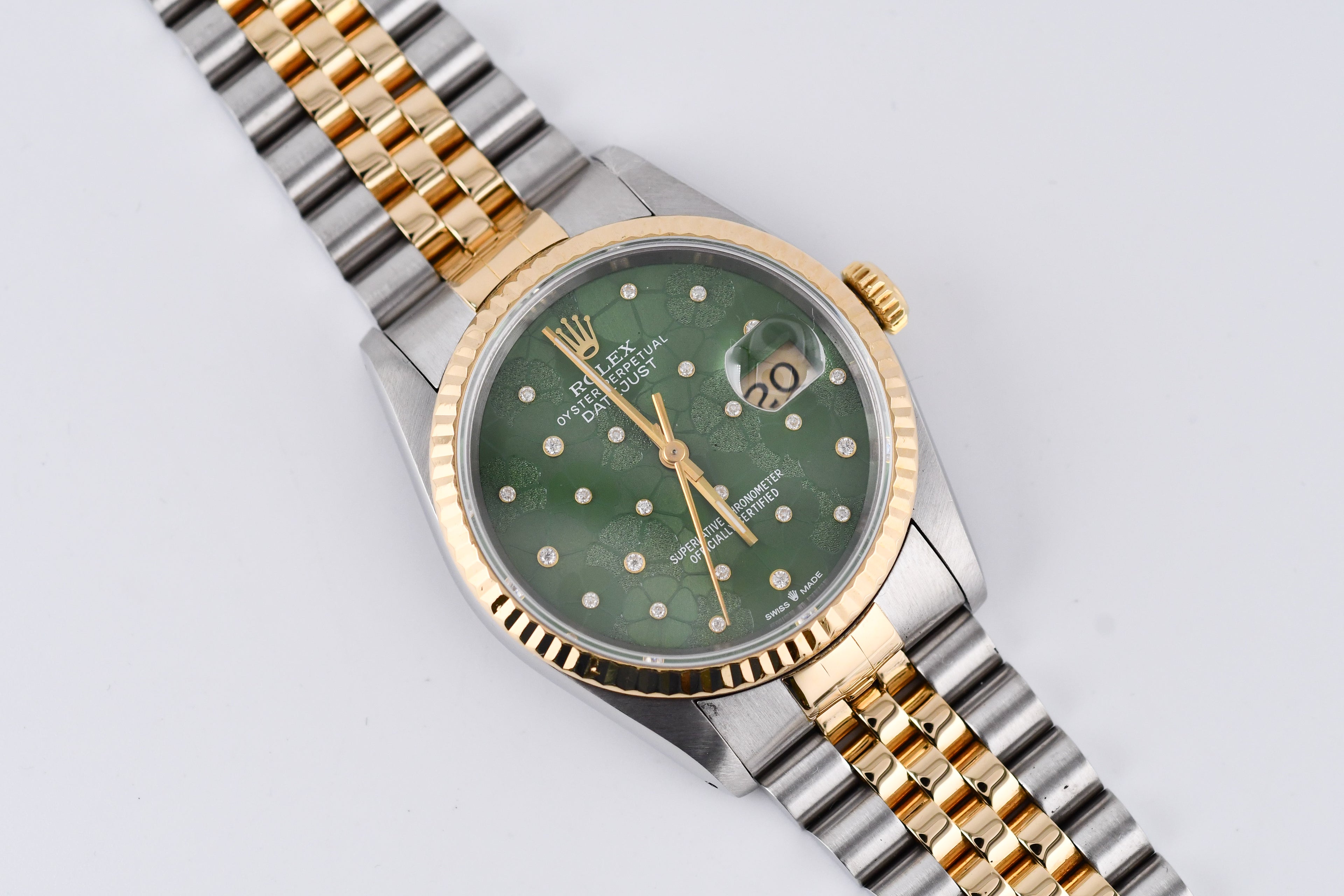 Rolex Datejust 36mm Ref 16233 Yellow Gold Bezel Custom Green Flower Dial