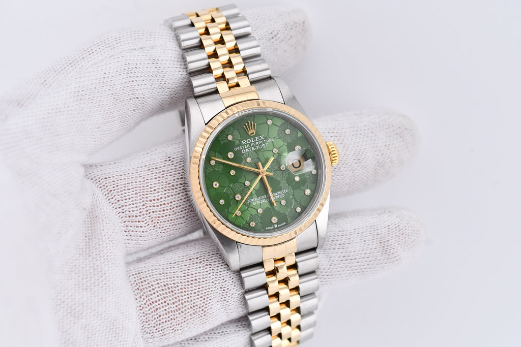 Rolex Datejust 36mm Ref 16233 Yellow Gold Bezel Custom Green Flower Dial