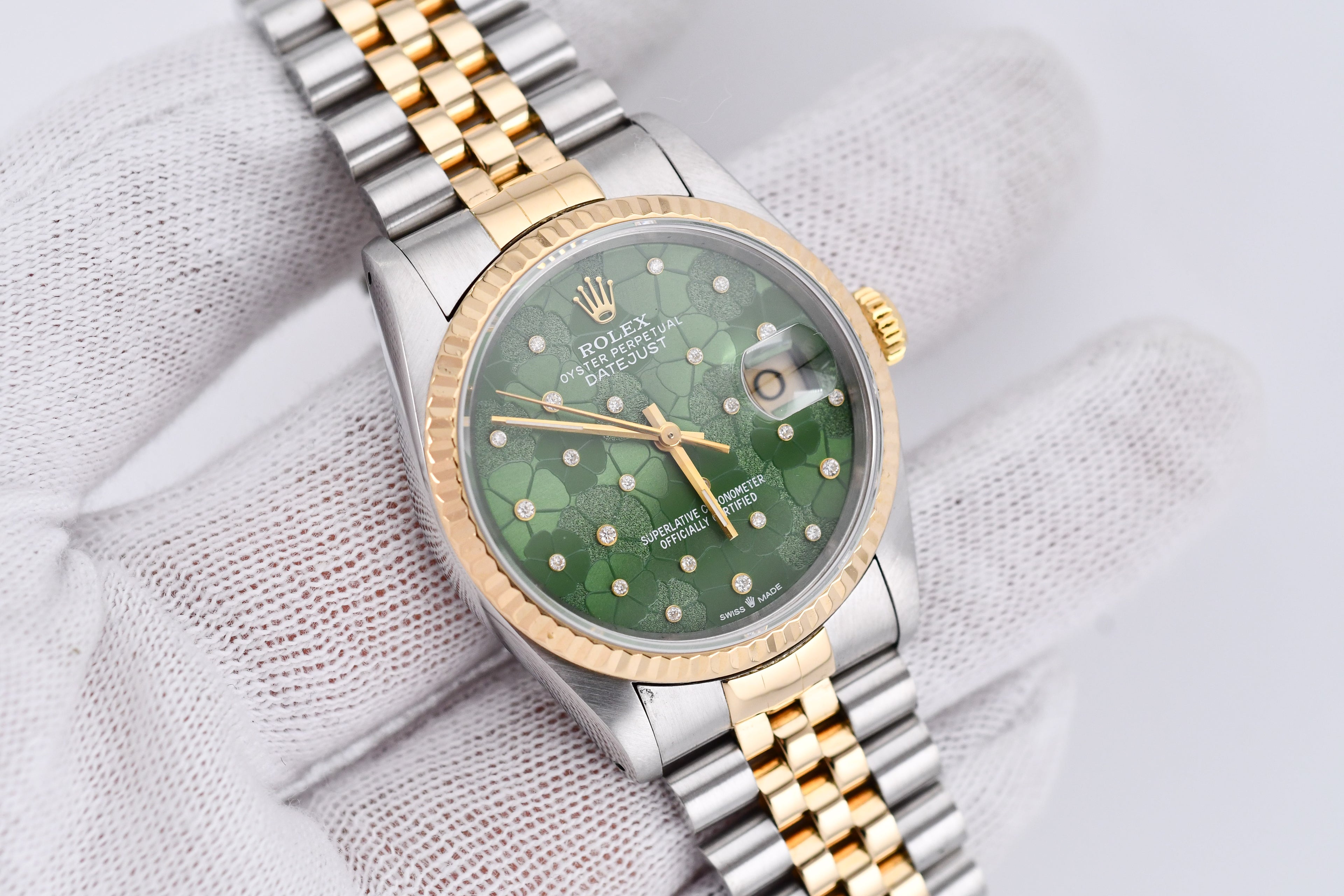 Rolex Datejust 36mm Ref 16233 Yellow Gold Bezel Custom Green Flower Dial