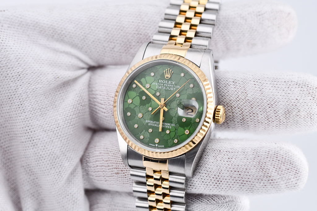 Rolex Datejust 36mm Ref 16233 Yellow Gold Bezel Custom Green Flower Dial