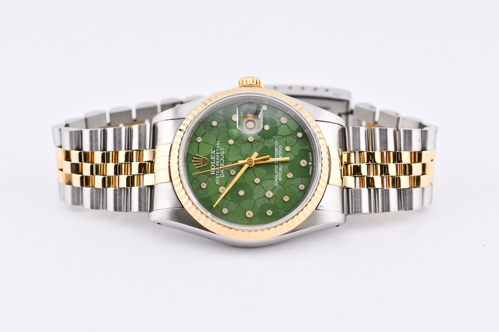 Rolex Datejust 36mm Ref 16233 Yellow Gold Bezel Custom Green Flower Dial