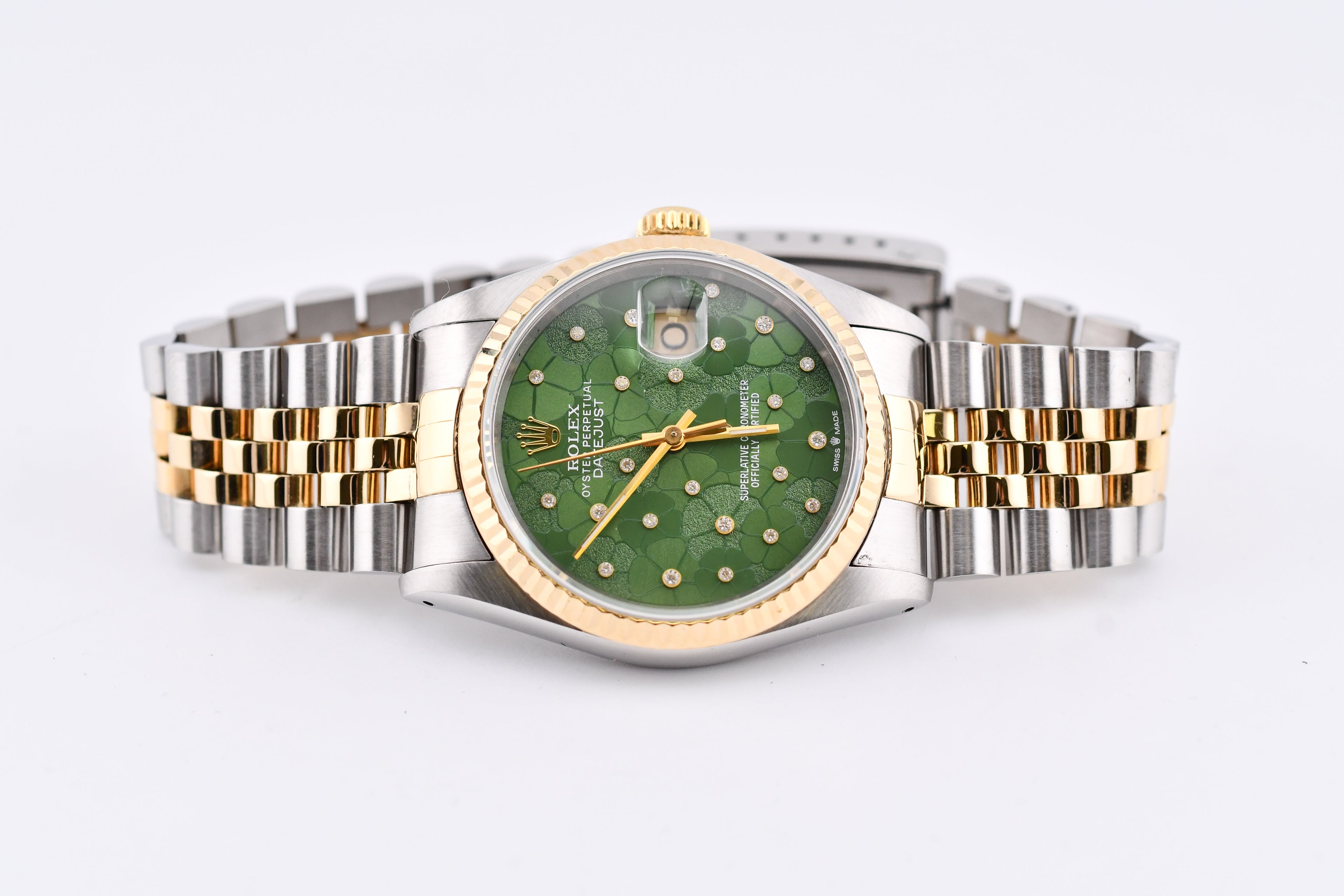 Rolex Datejust 36mm Ref 16233 Yellow Gold Bezel Custom Green Flower Dial
