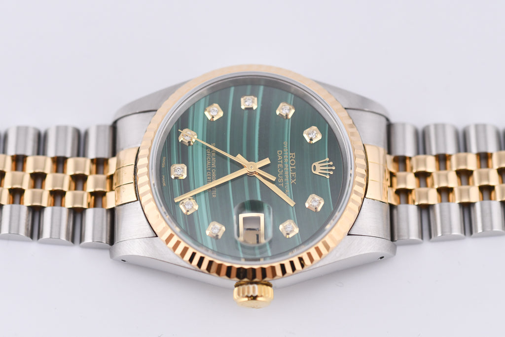 Rolex Datejust 36mm Ref 16233 Yellow Gold Bezel Custom Malachite Diamond Dial