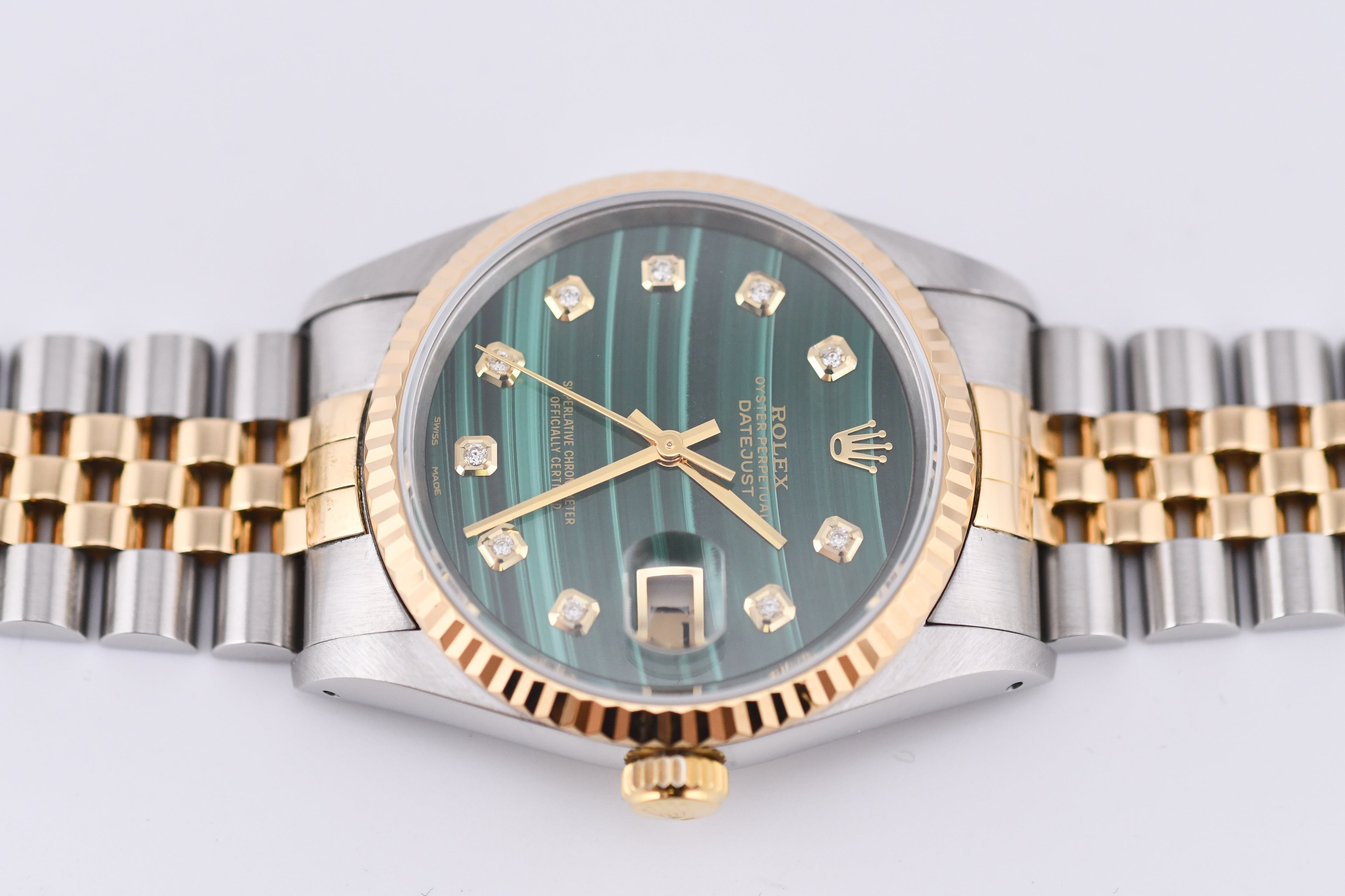 Rolex Datejust 36mm Ref 16233 Yellow Gold Bezel Custom Malachite Diamond Dial