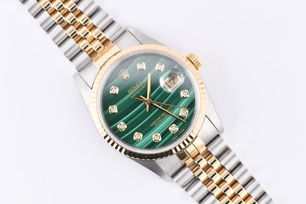 Rolex Datejust 36mm Ref 16233 Yellow Gold Bezel Custom Malachite Diamond Dial