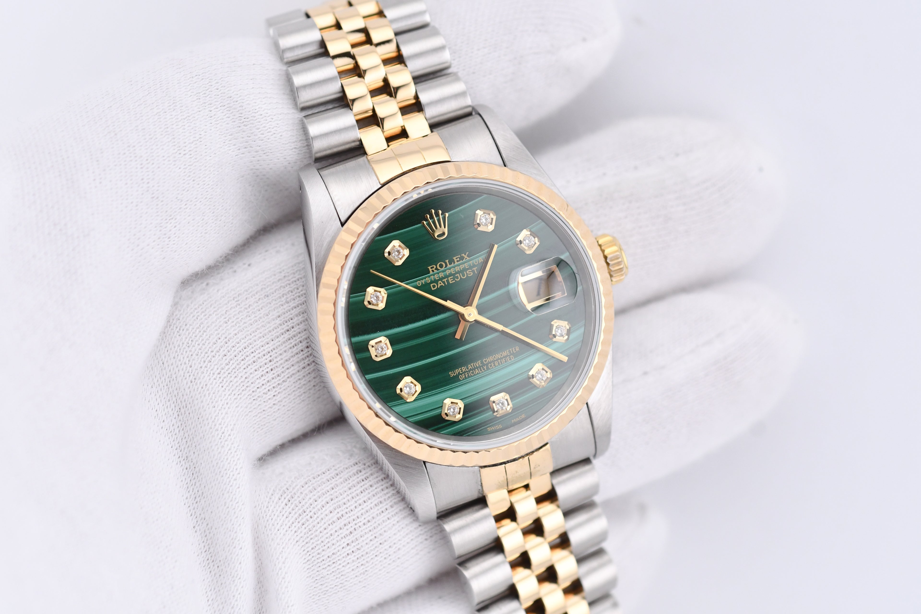 Rolex Datejust 36mm Ref 16233 Yellow Gold Bezel Custom Malachite Diamond Dial