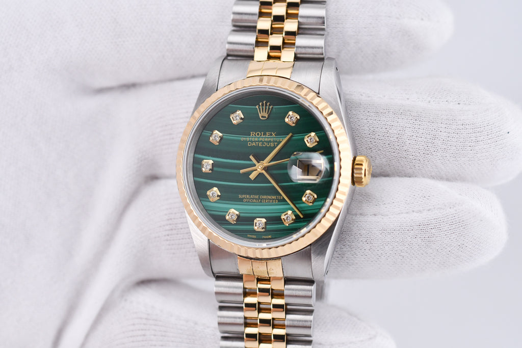 Rolex Datejust 36mm Ref 16233 Yellow Gold Bezel Custom Malachite Diamond Dial