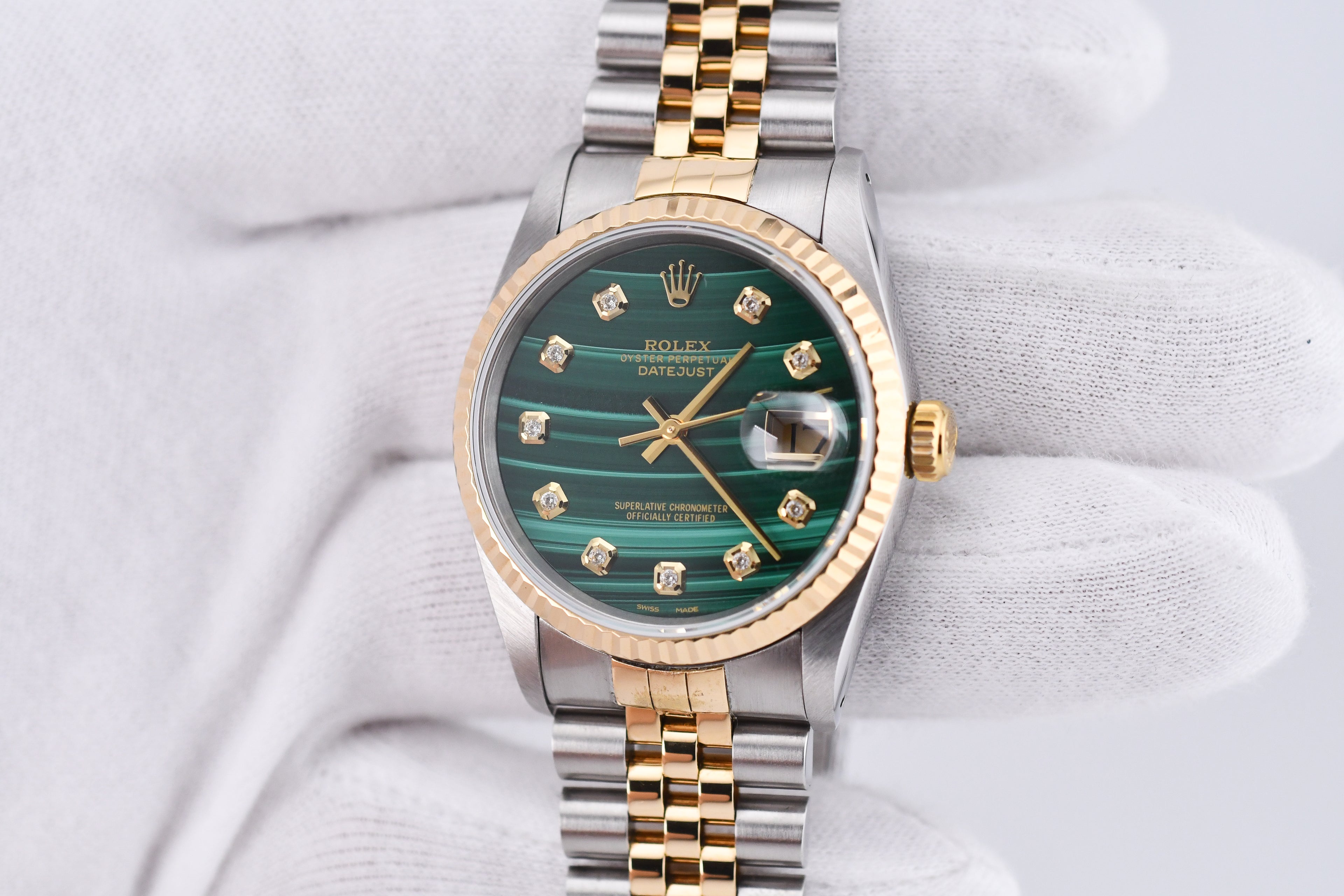Rolex Datejust 36mm Ref 16233 Yellow Gold Bezel Custom Malachite Diamond Dial