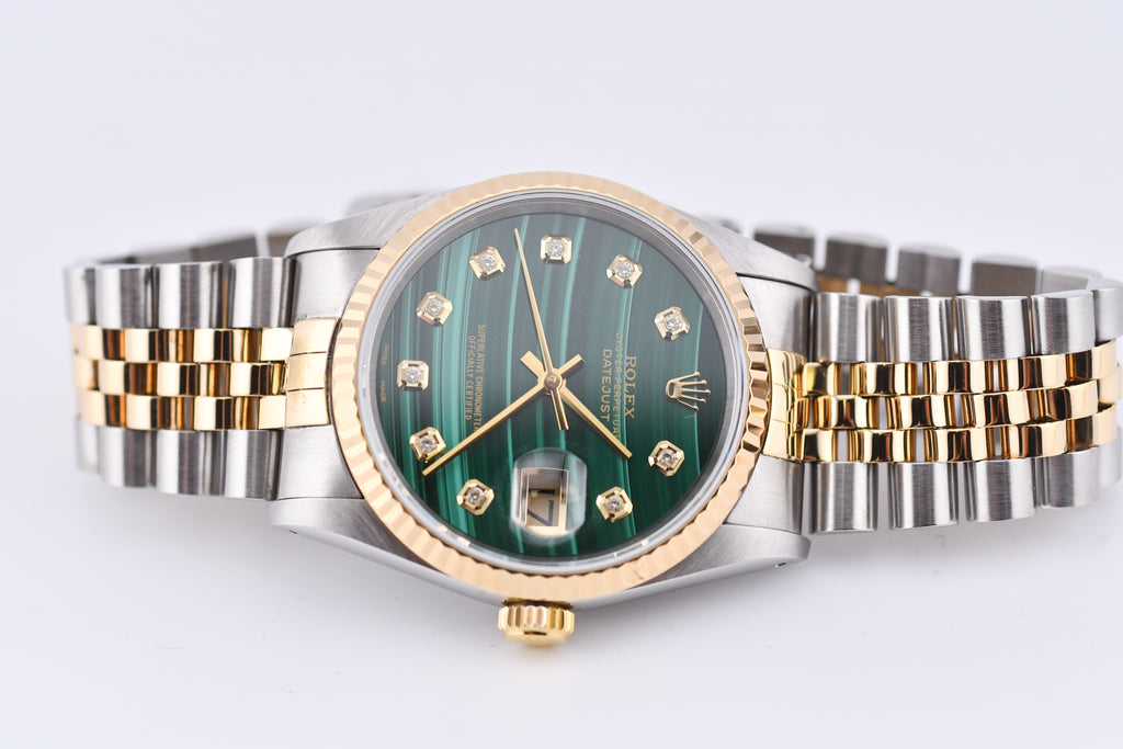 Rolex Datejust 36mm Ref 16233 Yellow Gold Bezel Custom Malachite Diamond Dial