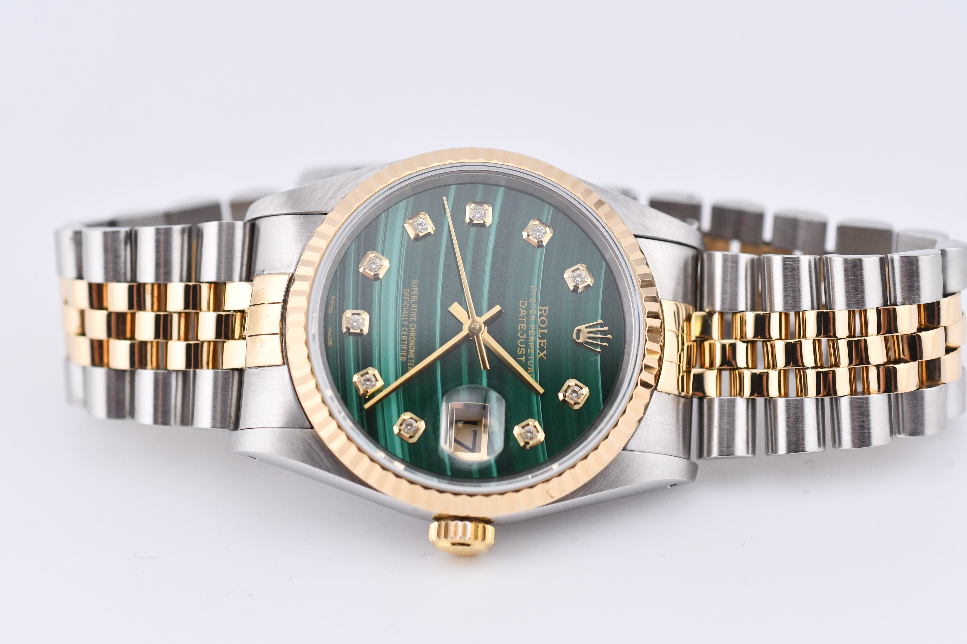 Rolex Datejust 36mm Ref 16233 Yellow Gold Bezel Custom Malachite Diamond Dial