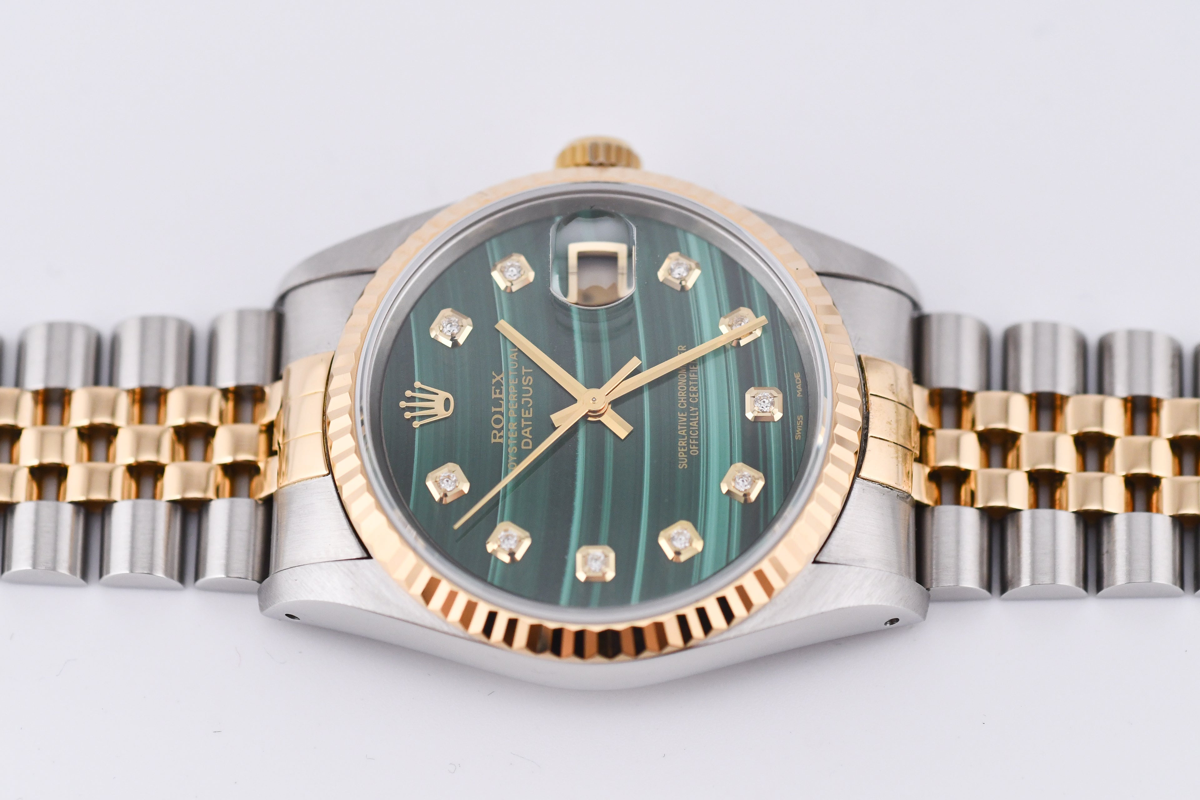 Rolex Datejust 36mm Ref 16233 Yellow Gold Bezel Custom Malachite Diamond Dial