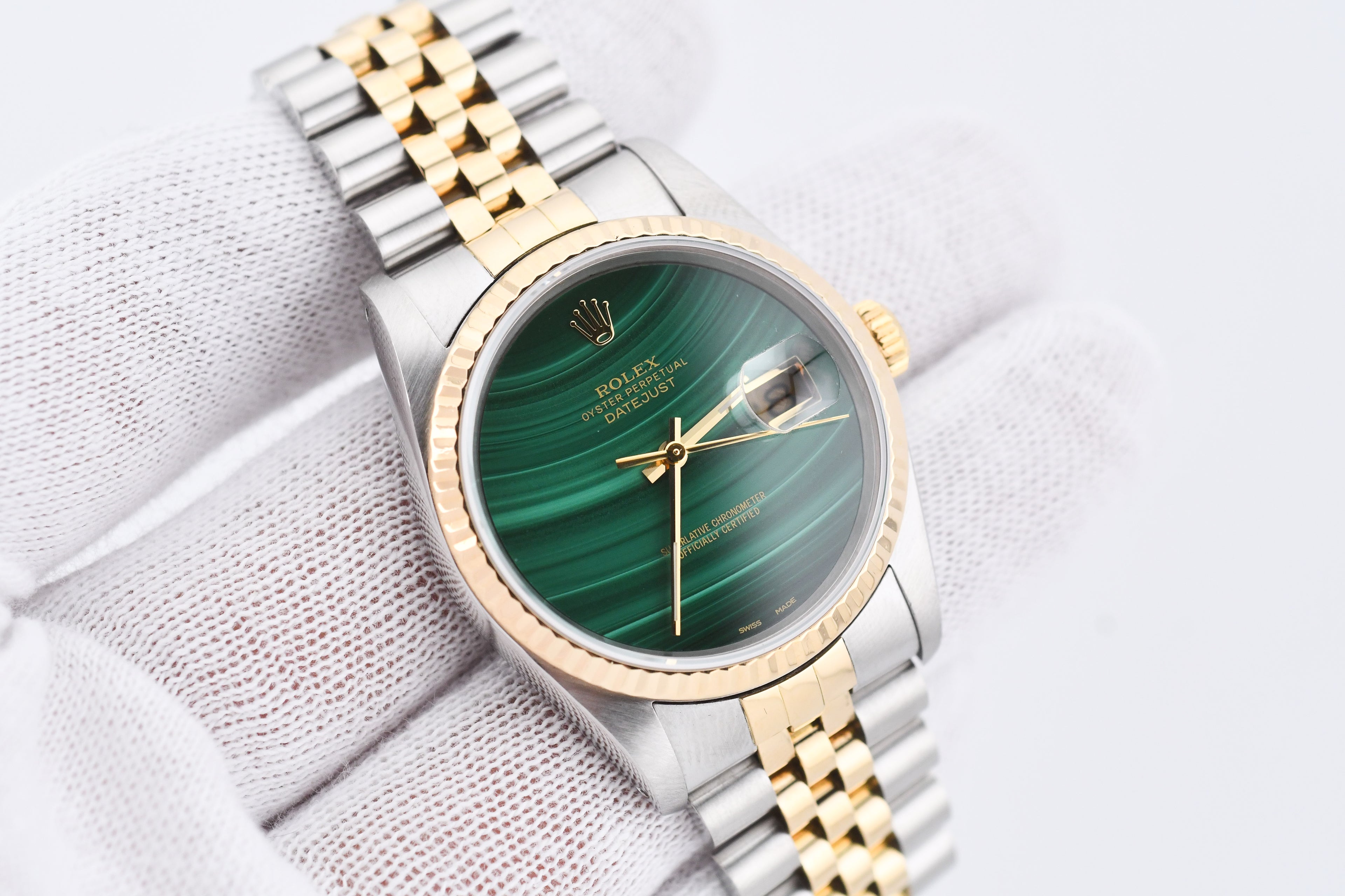 Rolex Datejust 36mm Ref 16233 Yellow Gold Bezel Custom Malachite Dial