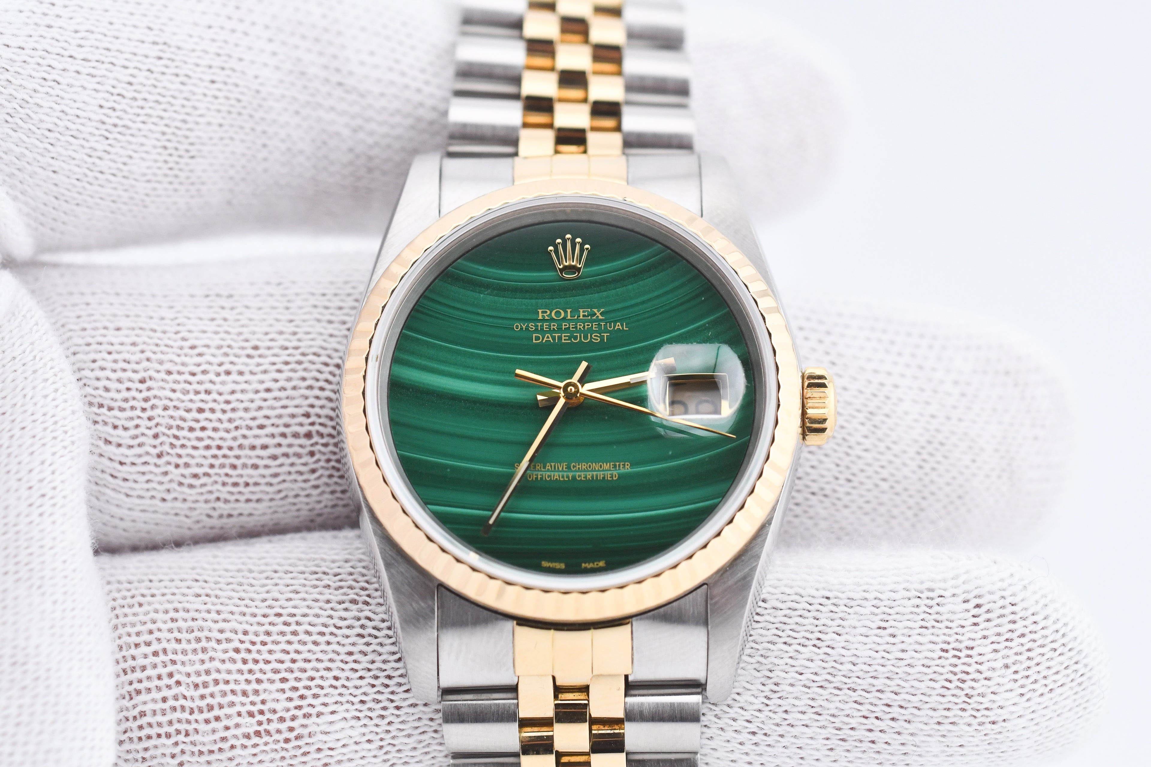 Rolex Datejust 36mm Ref 16233 Yellow Gold Bezel Custom Malachite Dial
