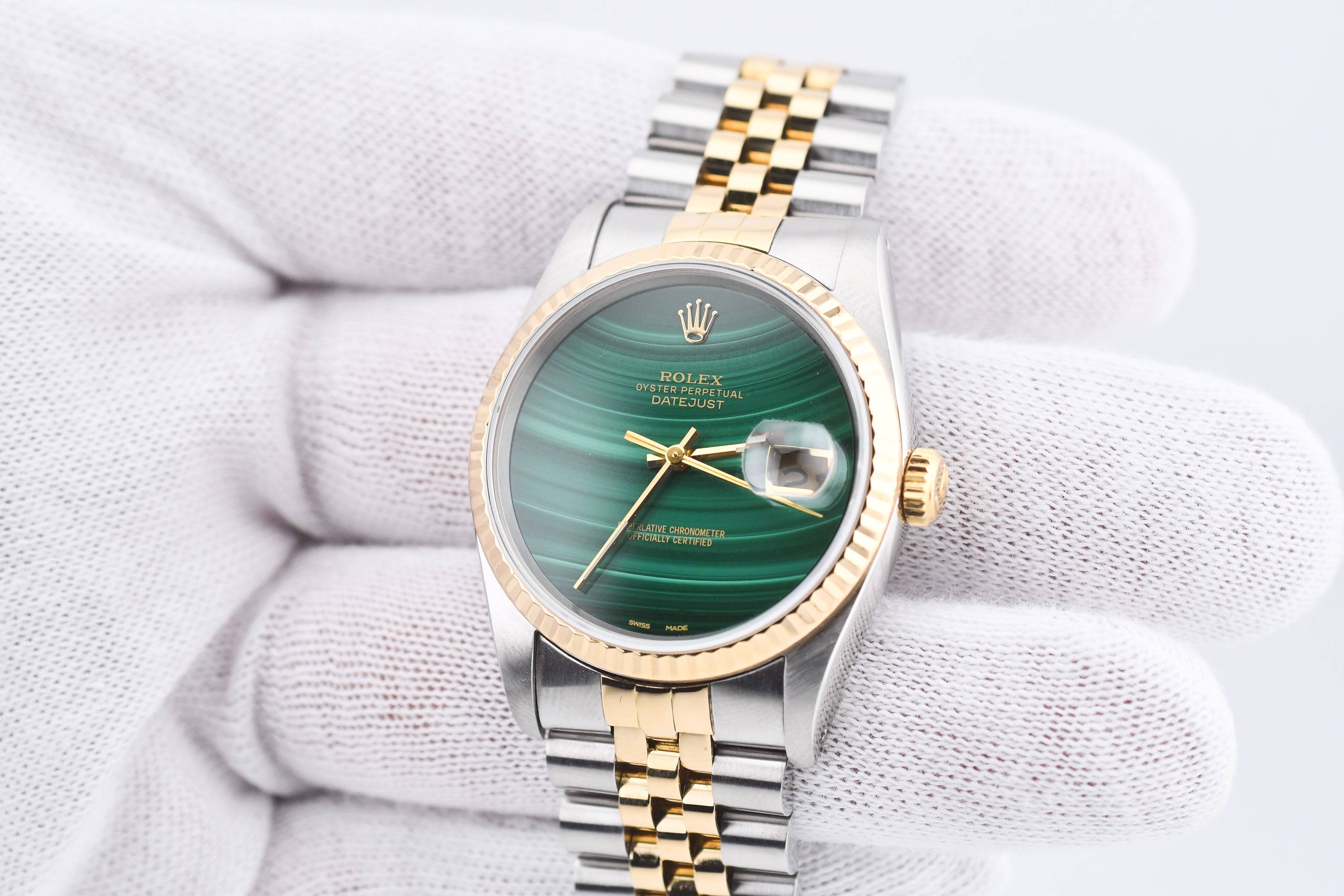 Rolex Datejust 36mm Ref 16233 Yellow Gold Bezel Custom Malachite Dial
