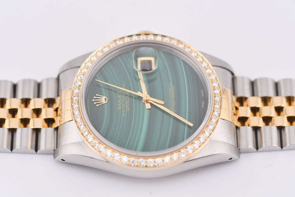 Rolex Datejust 36mm Ref 16233 Yellow Gold Diamond Bezel Custom Malachite Dial