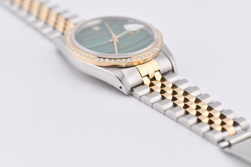 Rolex Datejust 36mm Ref 16233 Yellow Gold Diamond Bezel Custom Malachite Dial